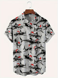 Men'S Funny Christmas Shark Print Short-Sleeve Shirt Featuring a Design with a Santa Hat And Shark Teeth - Red And Black Ocean Theme, Buttoned Collar, - Machine Washable Summer And Christmas Party Attire, Suitable for Beach, Office