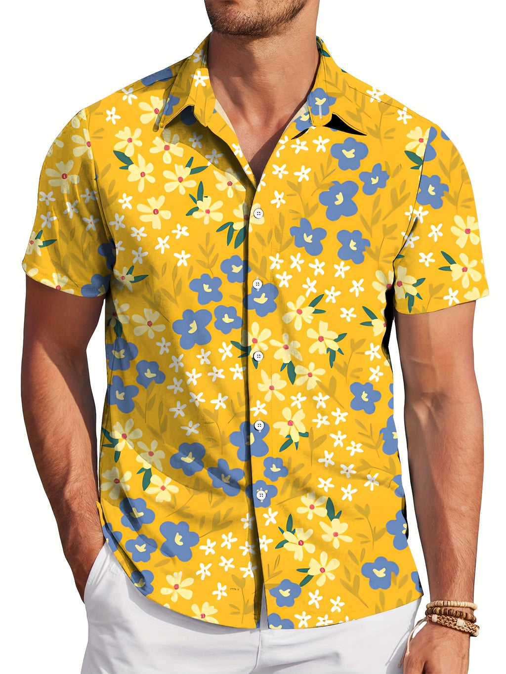 Men'S Casual Floral Short-Sleeve Button- Shirt - Light Green with White Daisy Print