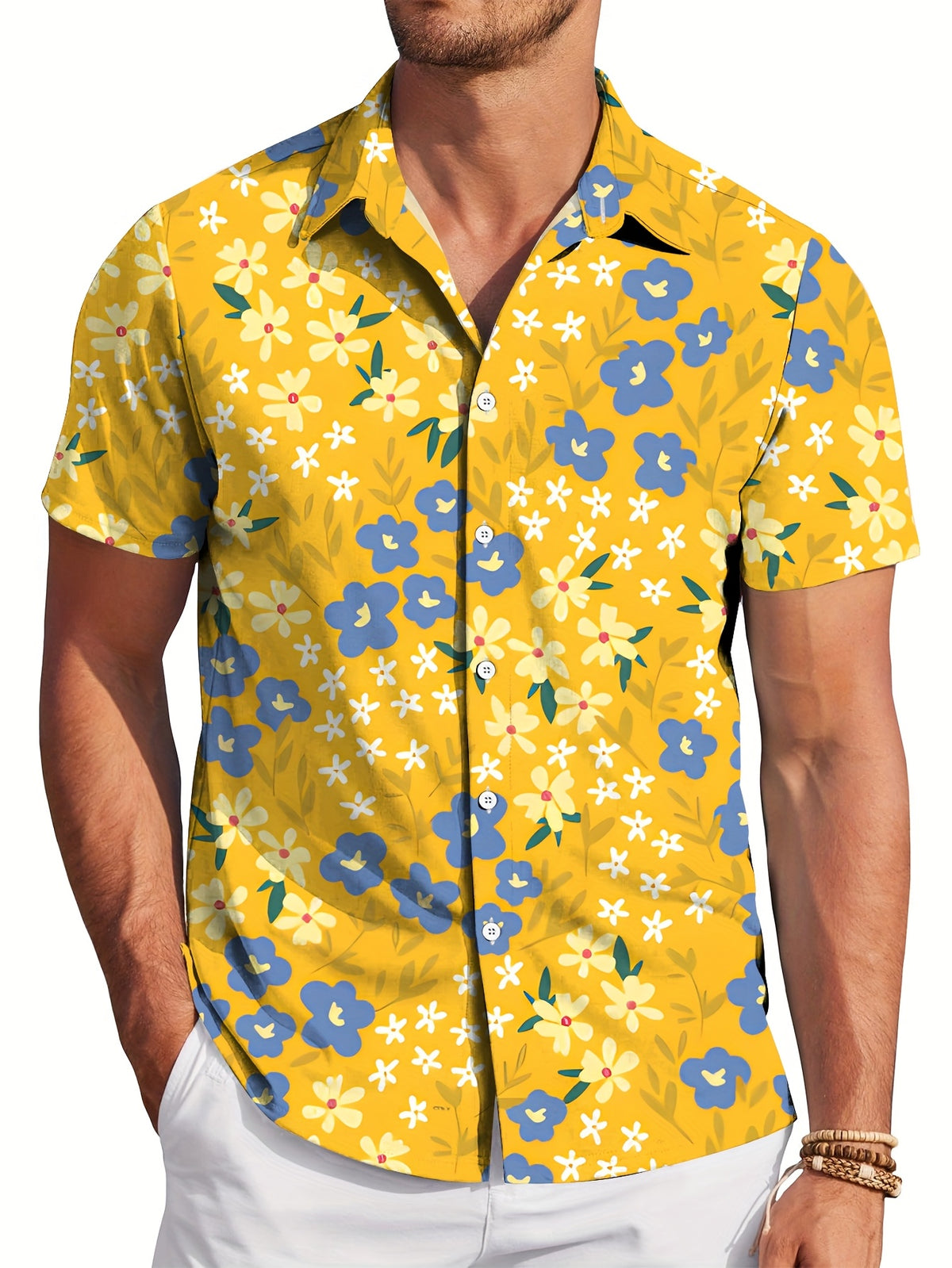 Men'S Casual Floral Short-Sleeve Button- Shirt - Light Green with White Daisy Print