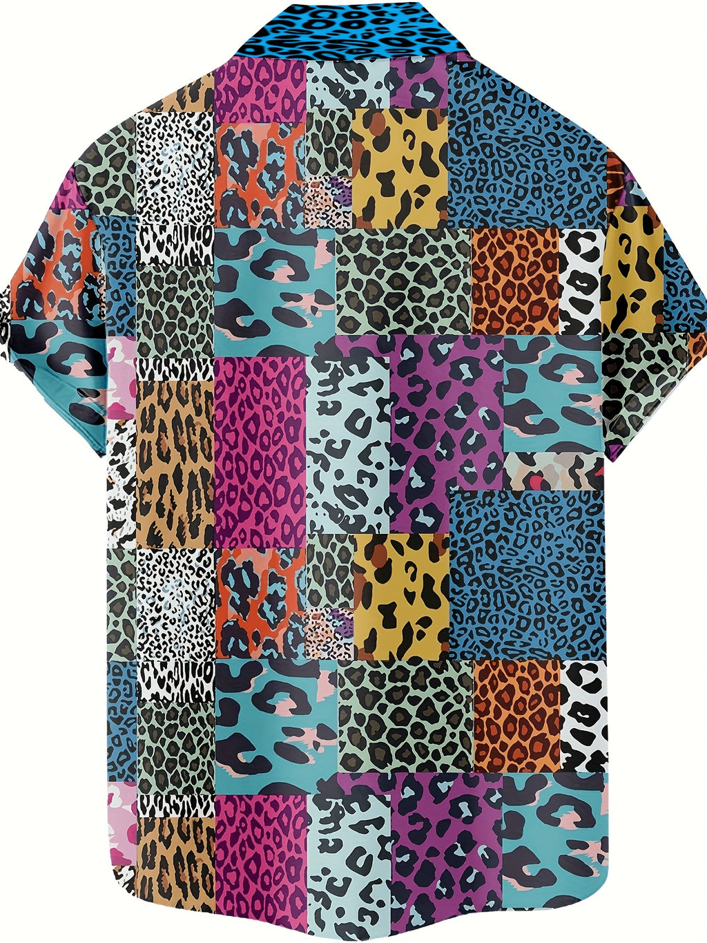 New Patchwork Leopard Print Short Sleeve Shirt, Men'S Casual Button-Up Short Sleeve Shirt Suitable for Beachwear, Vacation And Casual Outings, Casual Summer Top with Breathable Material, Summer Vacation, Casual Loose Fit Tropical Hawaiian Shirt