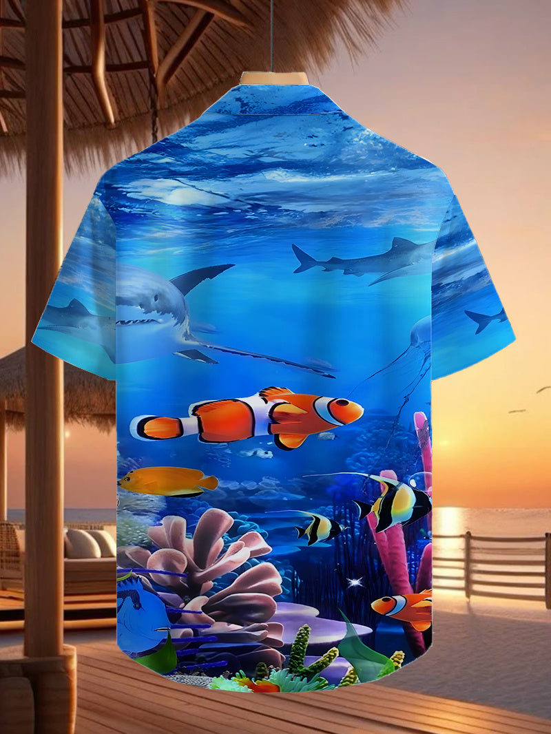 Men's Hawaiian Short-Sleeve Button-Up Shirt - Loose Fit Collar with Full-Body Tropical Fish & Hibiscus Print, Button Front Placket - Lightweight for Beach Vacation, Summer Outdoor Wear (Suitable for Hawaiian Luau)