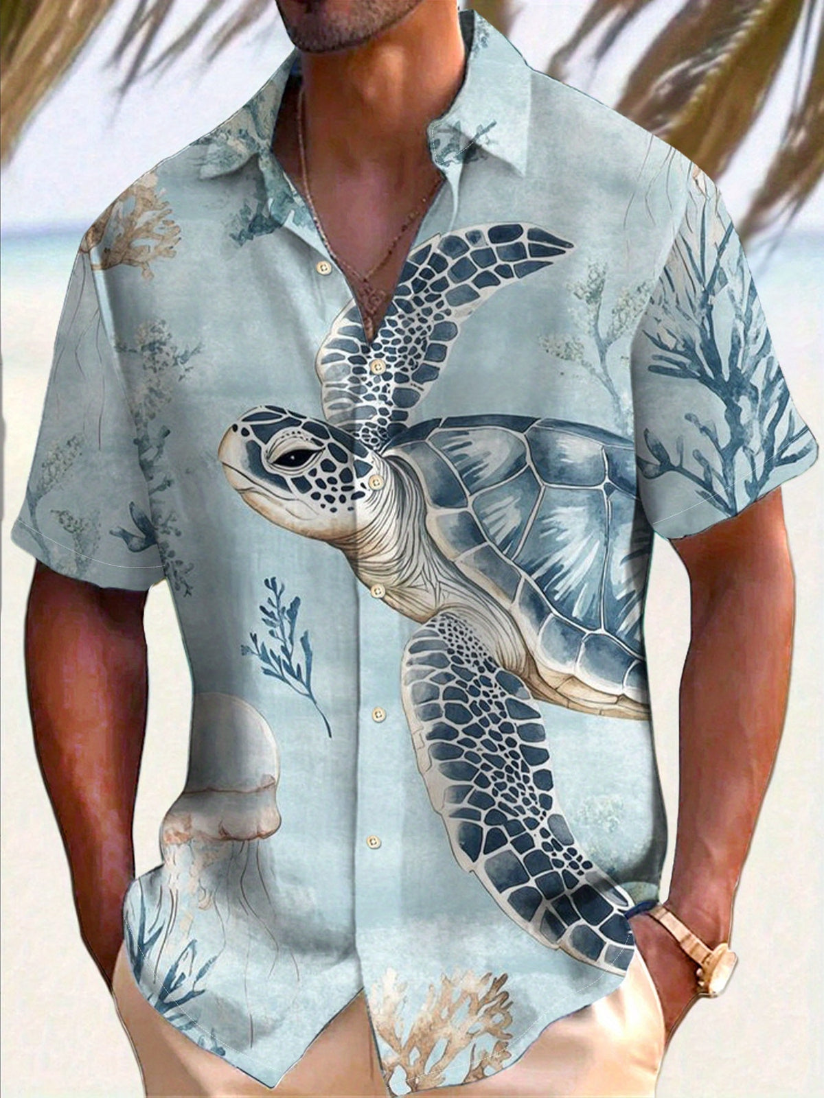 Men's Simple Hawaiian Jellyfish and Turtle Pattern Printed Button Shirt- Lightweight Polyester Fiber, Summer Vacation and Holiday Clothing