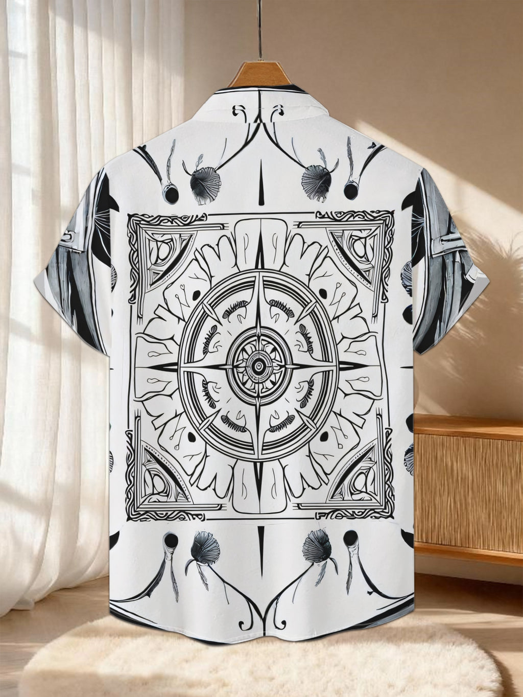 New Men's Casual Short-Sleeve Shirt with Black and White Symmetrical Pattern, Adorned with Floral Compass Elements, Versatile for Holiday Parties and Commuting, Machine-Washable Polyester Fiber Fabric, Button-Up Printed Shirt