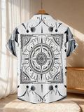 New Men's Casual Short-Sleeve Shirt with Black and White Symmetrical Pattern, Adorned with Floral Compass Elements, Versatile for Holiday Parties and Commuting, Machine-Washable Polyester Fiber Fabric, Button-Up Printed Shirt
