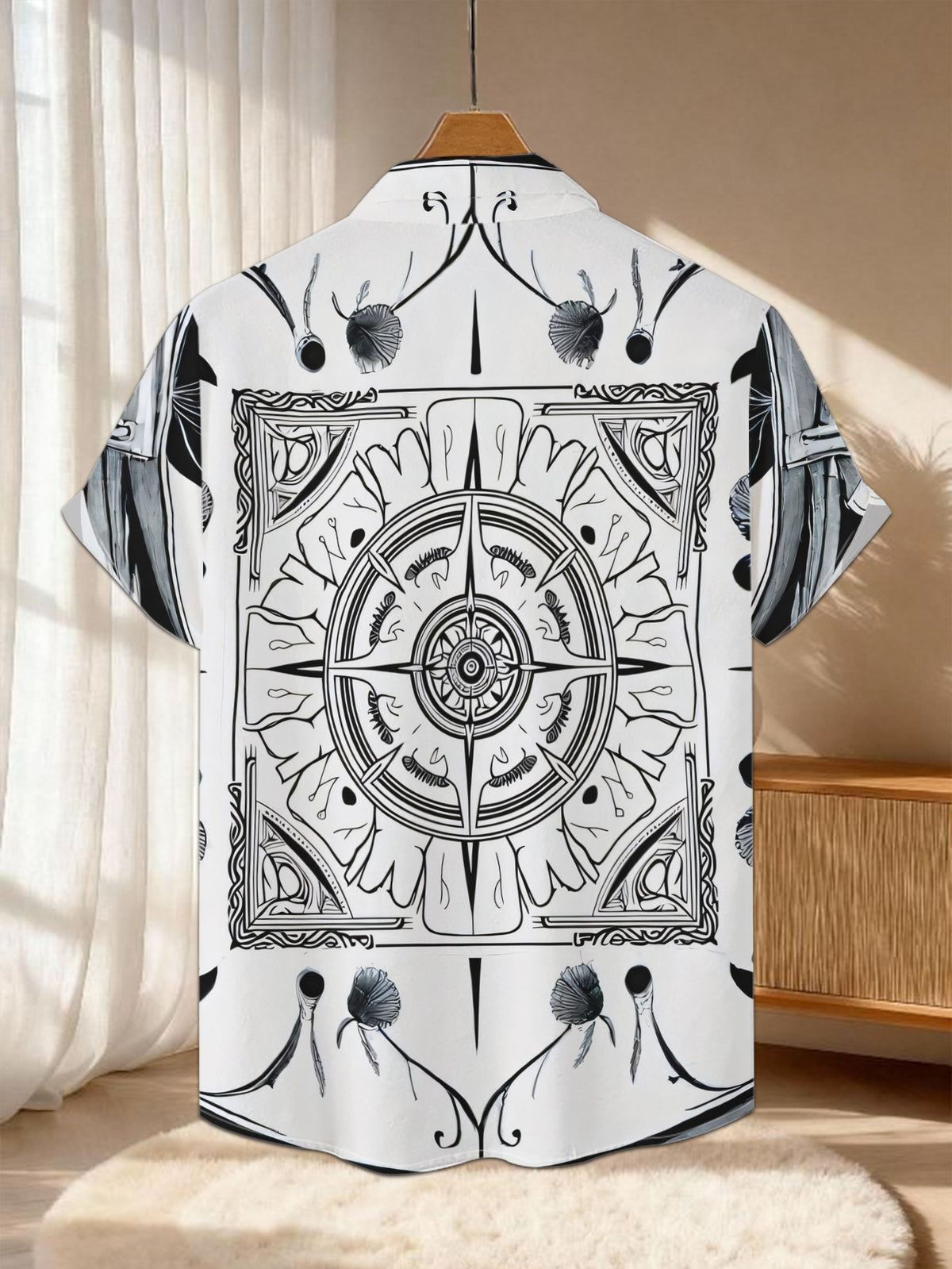 New Men's Casual Short-Sleeve Shirt with Black and White Symmetrical Pattern, Adorned with Floral Compass Elements, Versatile for Holiday Parties and Commuting, Machine-Washable Polyester Fiber Fabric, Button-Up Printed Shirt