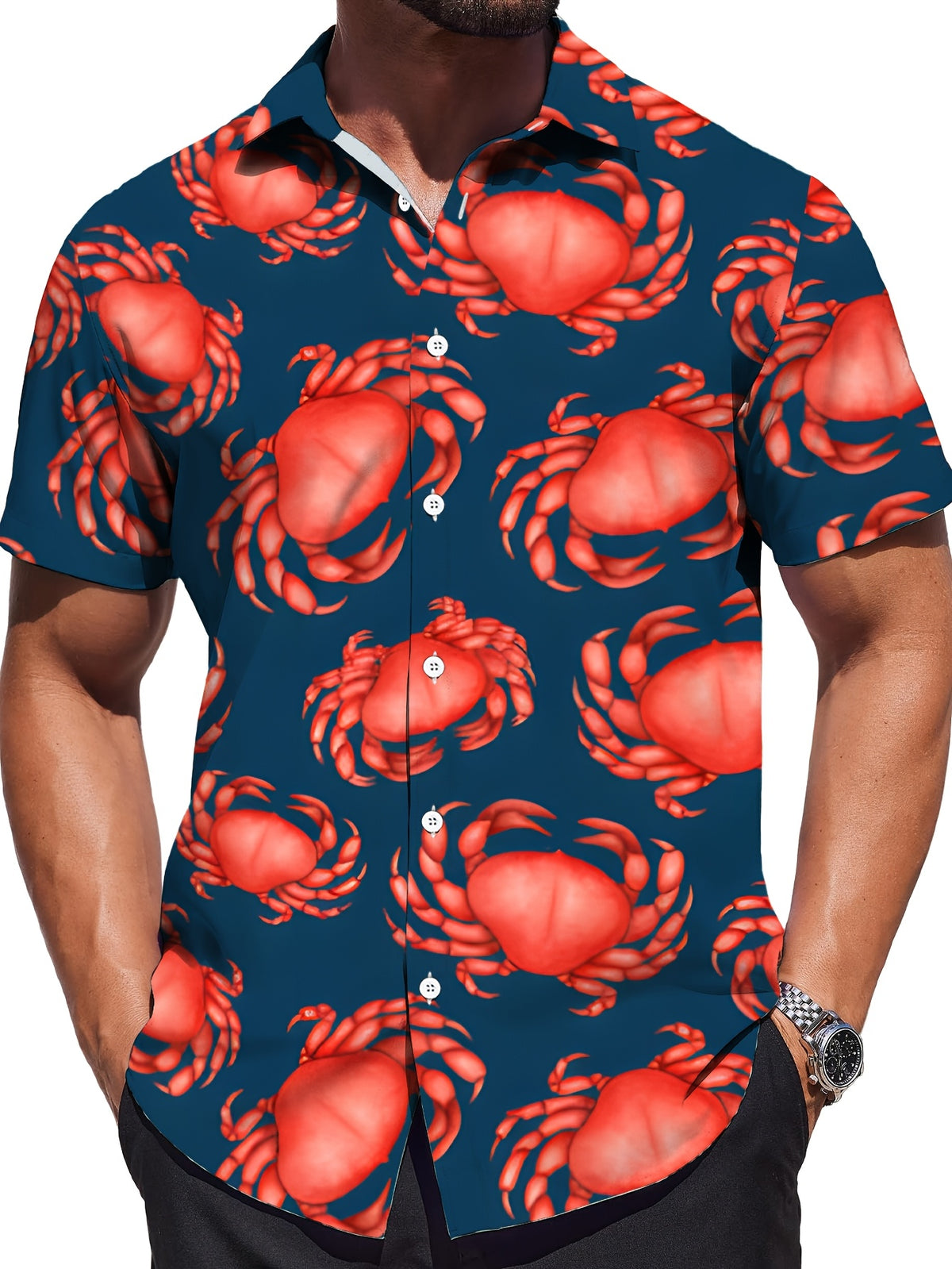 Men's Crab Print Shirt- Dark Blue Button- Formal Casual Shirt with Red Crab Pattern