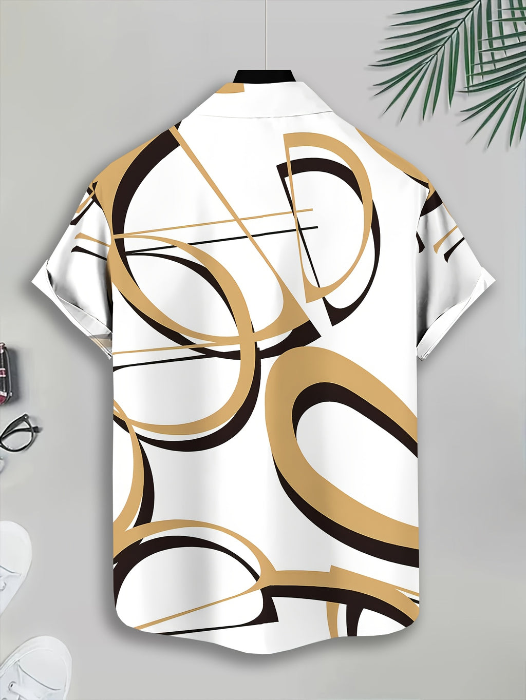 Abstract Geometric Men'S Casual Shirt, Print White Golden And Black Pattern Summer Bold Curved Lines Design