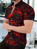 Random Geometric Print Men'S Short-Sleeve Button-Up Shirt, Casual Summer Style, Regular Fit And Comfortable