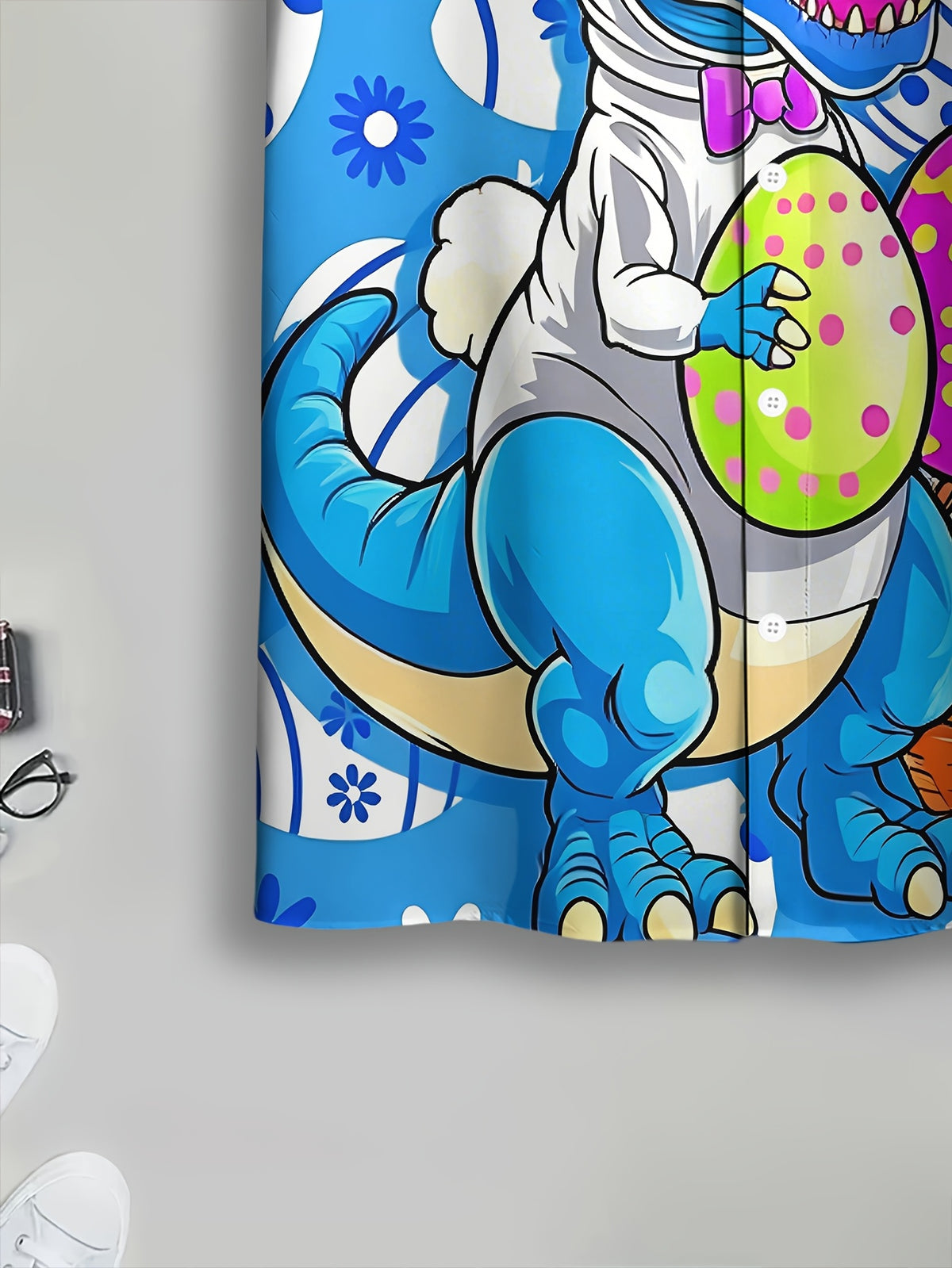 Hawaiian Style Men's Casual Shirt Print Blue Dinosaur Easter Bunny Pattern Spring Summer Fun Cartoon Character with Eggs And Basket