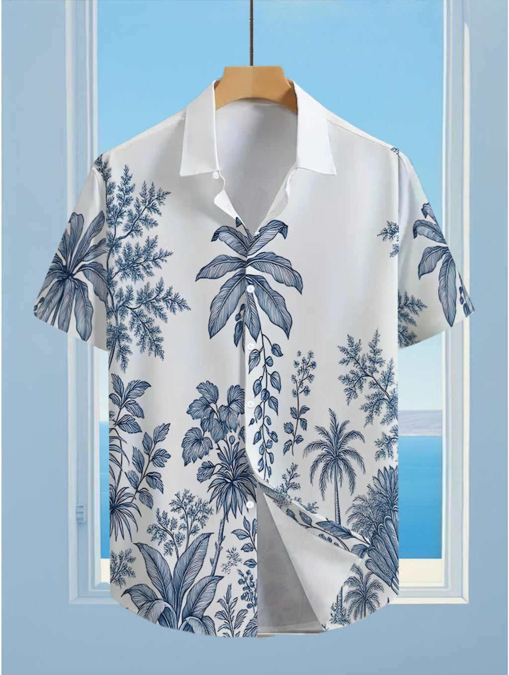 Men's Hawaiian Shirt with Full Palm Tree & Hawaiian Print - Short Sleeve Button-Up Loose Fit Casual Beachwear, Collar Button Front Shirt (Machine Washable Suitable for Summer, Vacation, Outdoor)