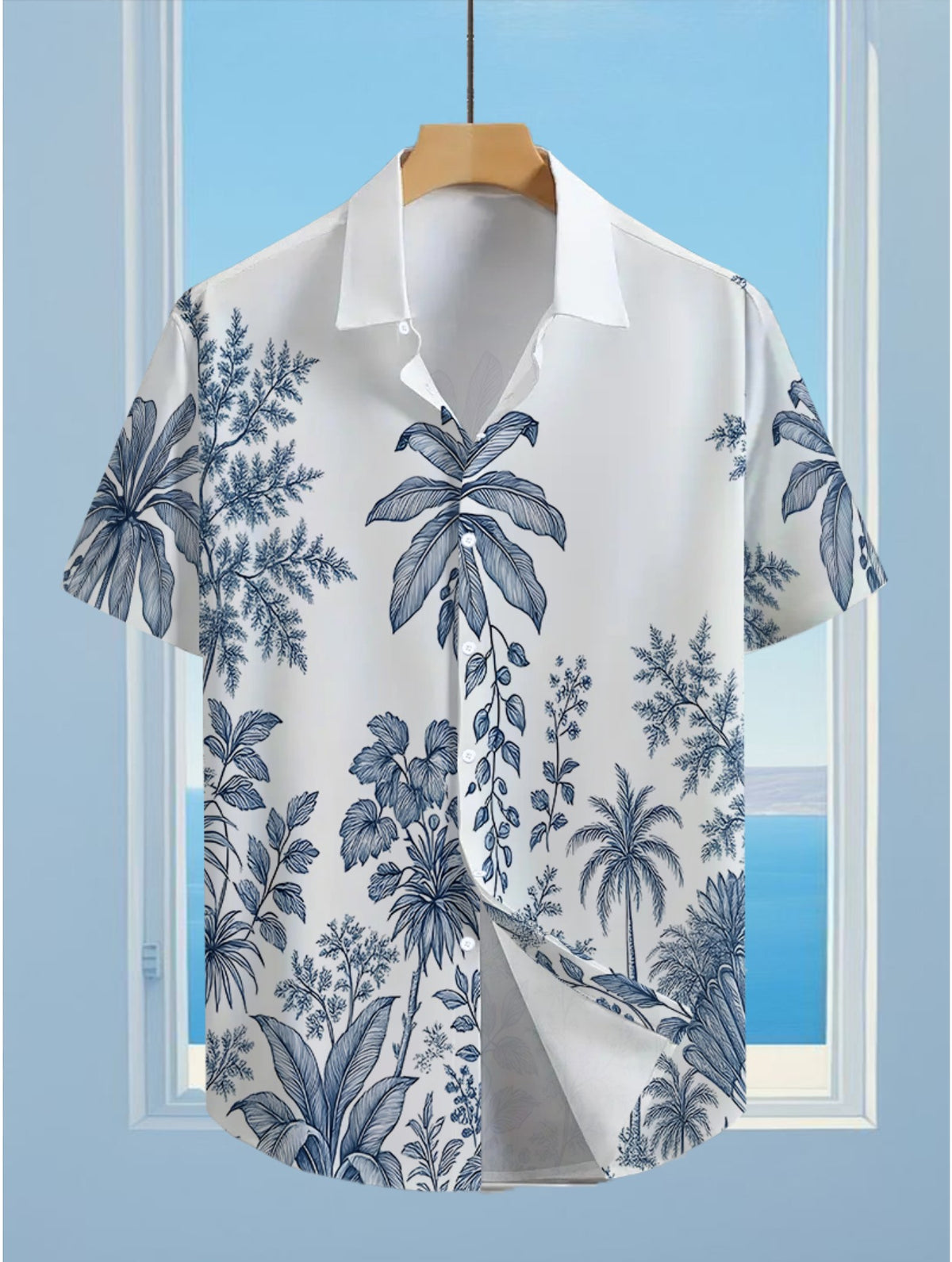 Men's Hawaiian Shirt with Full Palm Tree & Hawaiian Print - Short Sleeve Button-Up Loose Fit Casual Beachwear, Collar Button Front Shirt (Machine Washable Suitable for Summer, Vacation, Outdoor)