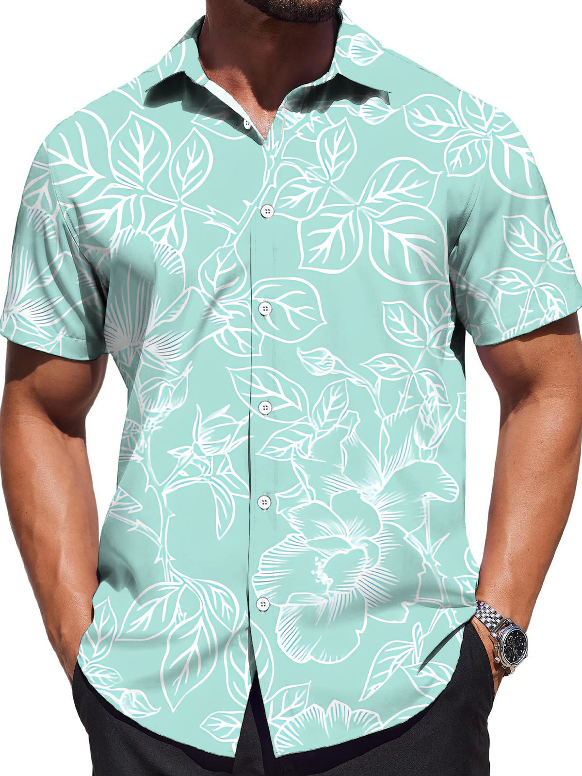 [Print Design - Not Texture] Casual Shirt Men'S Print Code Short Sleeve Shirt Light Green Background Floral Line Pattern Fashionable Grand Dopamine Party Top Clothing/Summer/Street/Print/Trendy/Men/Clothes