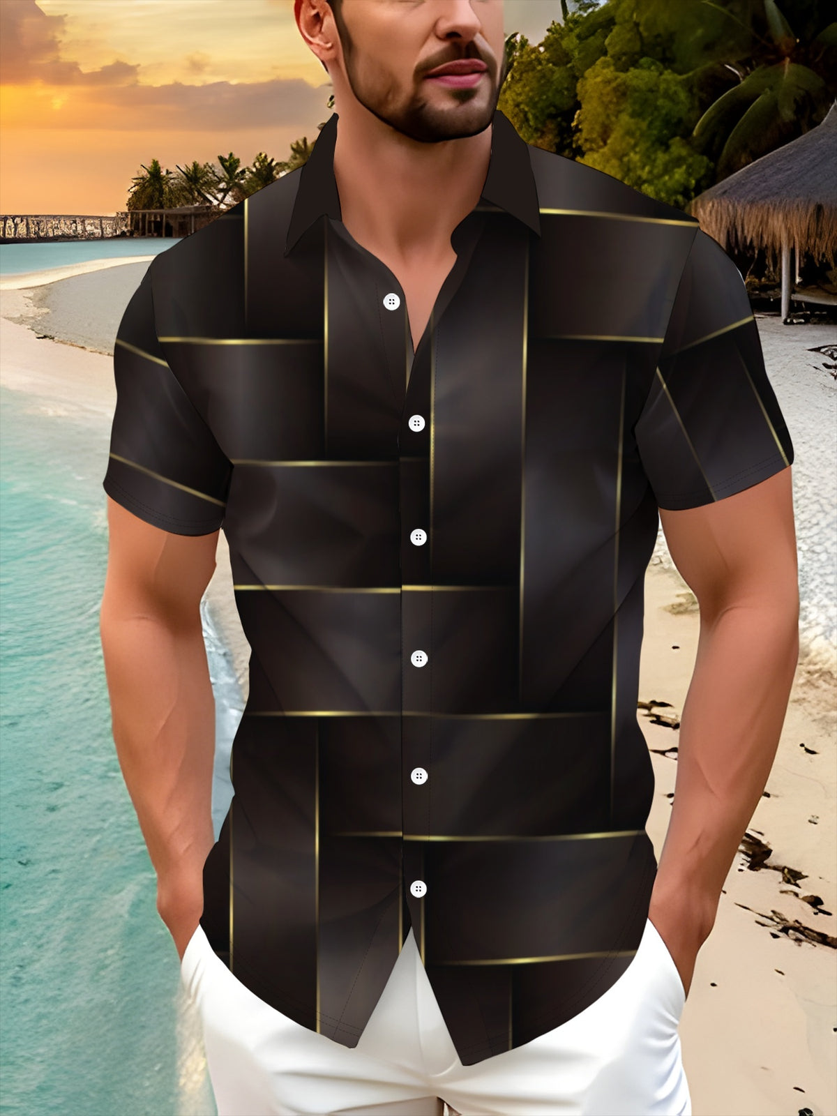 Fashionable Geometric Pattern Men'S Short-Sleeve Button-Up Shirt, Casual Collared Summer Wear
