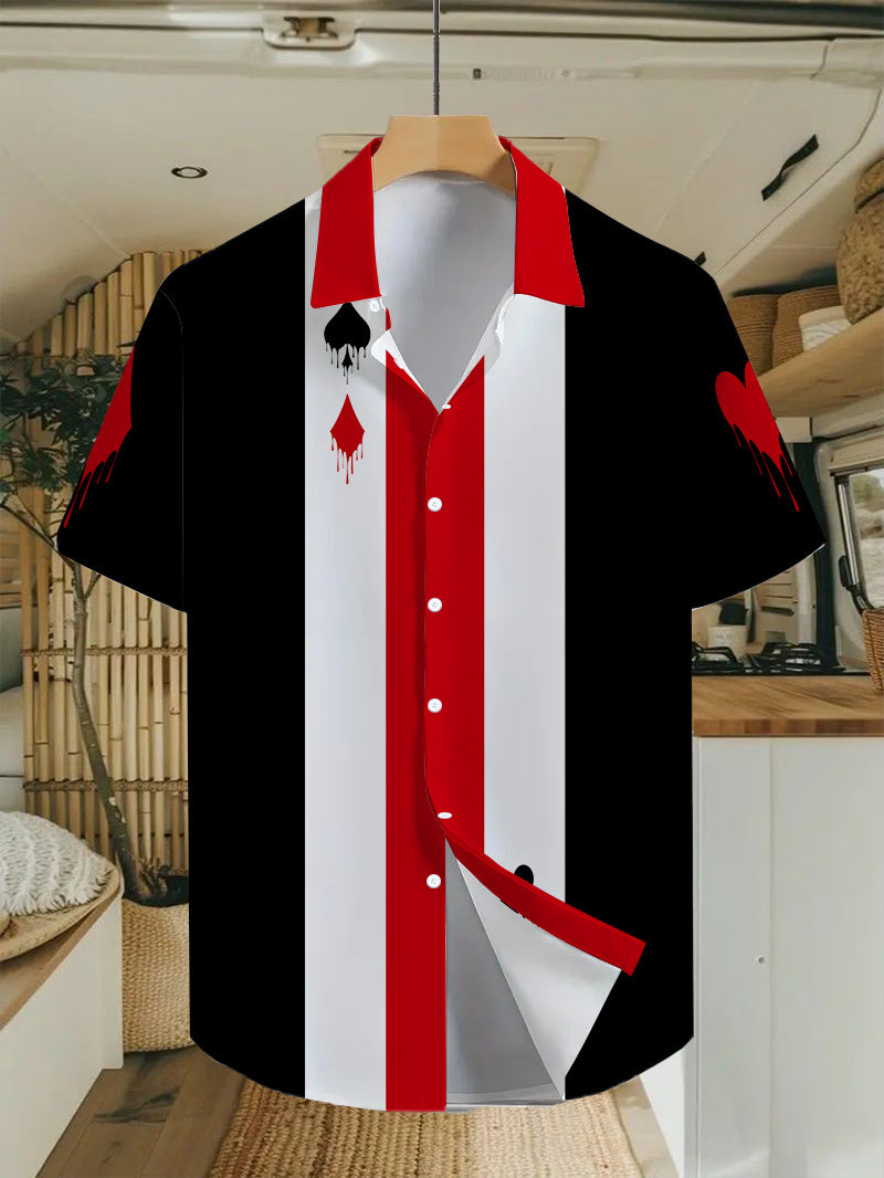 Men's Casual Anime Shirt with Hawaiian-Style Playing Card Cartoon Print, Regular Fit with Lapel Collar, Outdoor Travel Apparel