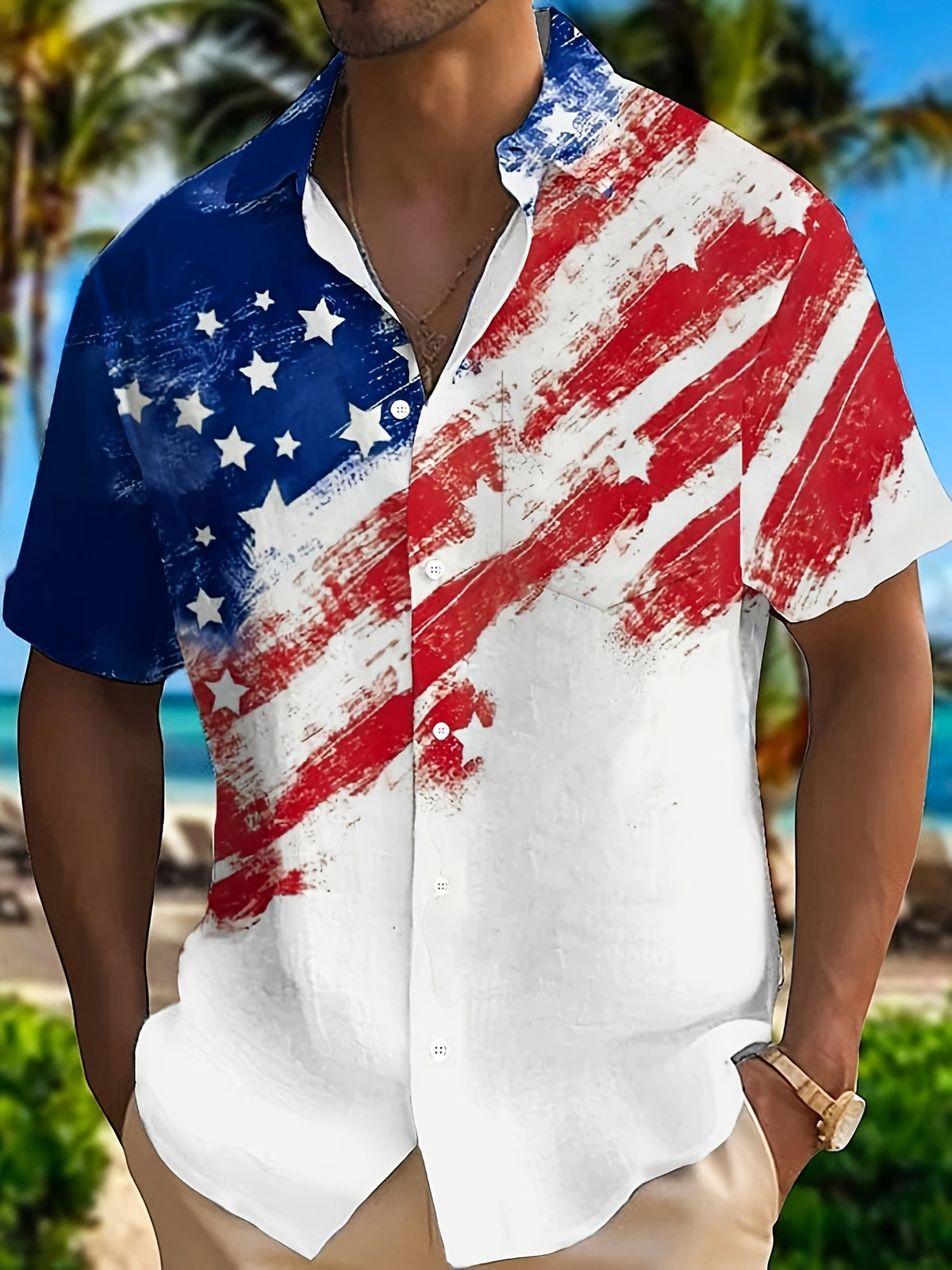 Gradient Flag Print Men'S Plus Size Button-Pocket Short Sleeve Hawaiian Shirt