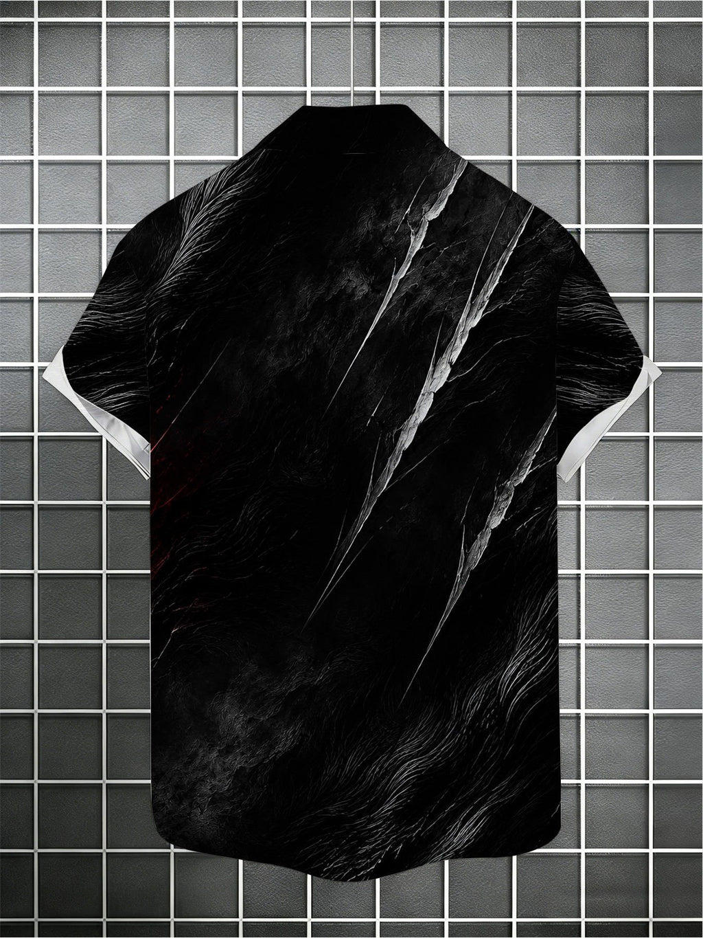 Men's Vintage American-style Beast-themed Printed Shirt, Featuring a Black Background with Realistic White Tiger and Black-and-white Contrasting Elements, Has a Rugged and Handsome Vibe with Its Turn- Collar and Short Sleeves, Suitable for Variou