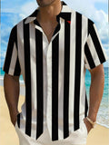 [Print Design - Not Texture] Men'S Bold Vertical Striped Button-Up Shirt - High-Contrast Black And White Pattern with Red Trim, Easy Short Sleeve Casual Top, Summer Wear