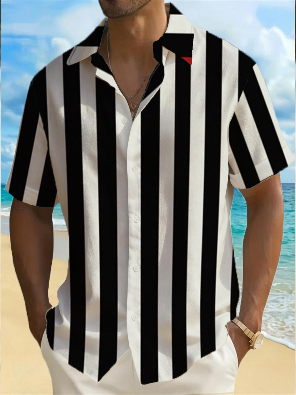 [Print Design - Not Texture] Men'S Bold Vertical Striped Button-Up Shirt - High-Contrast Black And White Pattern with Red Trim, Easy Short Sleeve Casual Top, Summer Wear