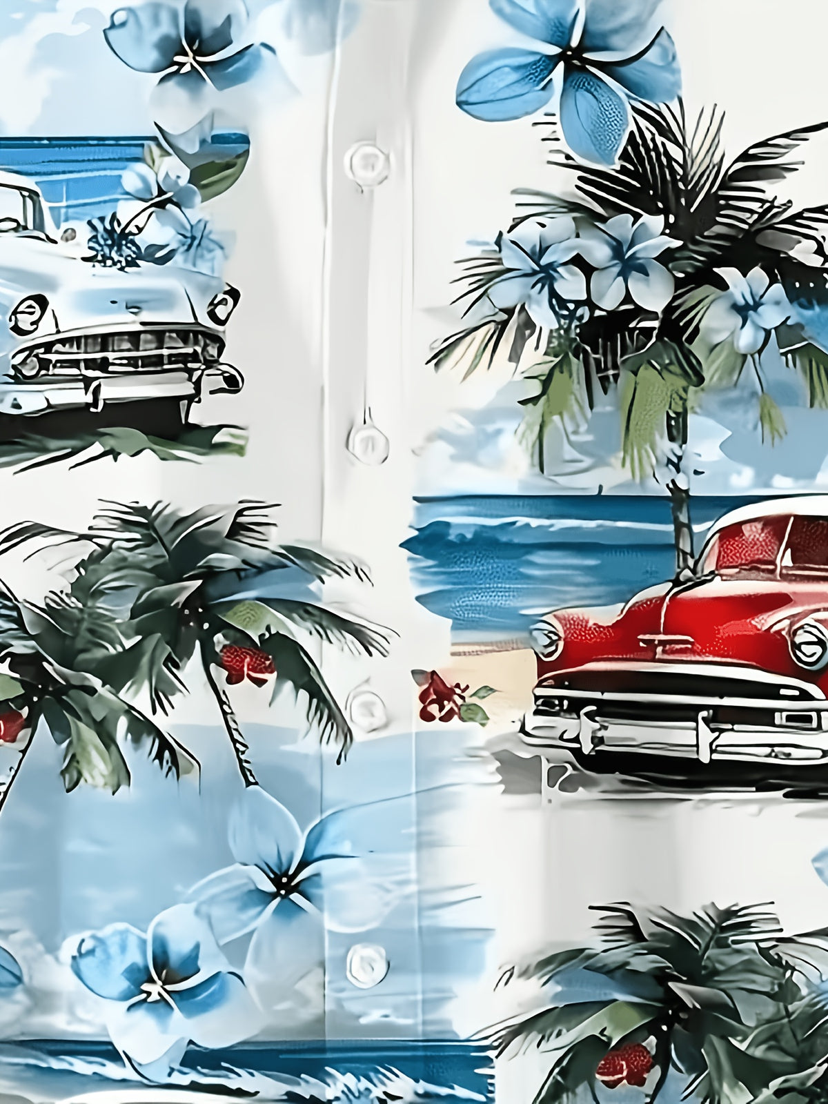 Men's Hawaiian Shirt with Tropical Print and Short Sleeves- Vintage Beach Style with Classic Car and Palm Tree Design, Button Collar, Lightweight Summer Vacation, Loose Summer Protection Pants| Hawaiian Buttons| Smooth Texture