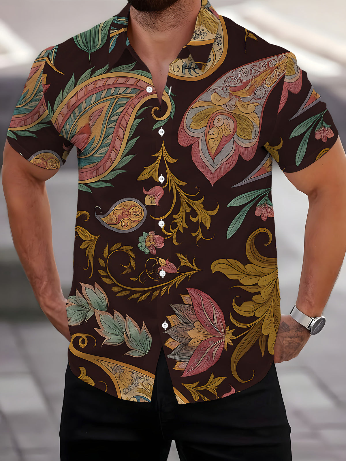 Men's Short-Sleeve Shirt, Vintage Style Print, Men's Printed Short-Sleeve Shirt with Paisley Elements, Cool Men's Shirt, Dark Base with Colorful Pattern, Men's Casual Short-Sleeve Shirt for Summer