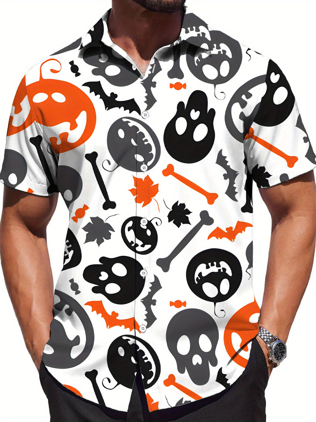 Men's Gothic Short-Sleeve Button-Up Shirt - Skull & Bat Print Collar, Structured Button-Front Top, Machine Washable Suitable for Summer Parties, Streetwear, Themed Events - Durable Casual Shirt for Year-Round Wear