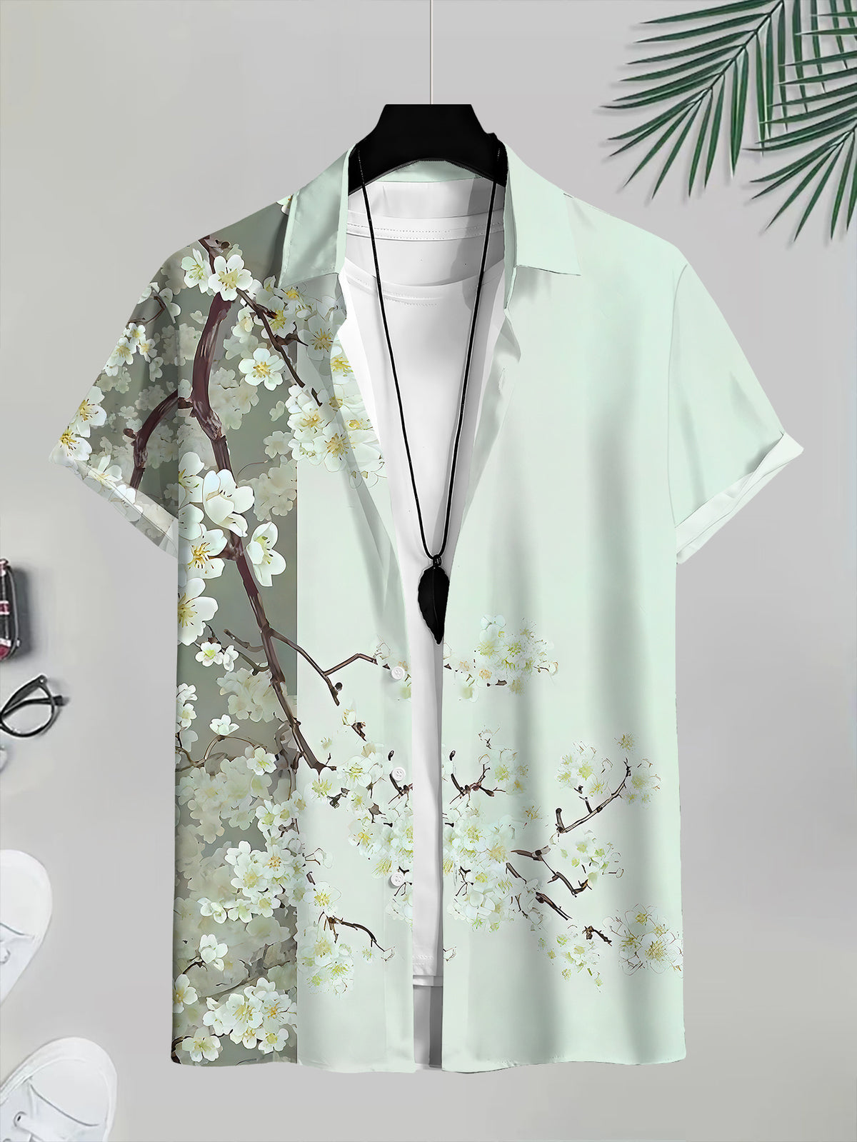 Men's Casual Floral Print Shirt with Cherry Blossom Design for Summer