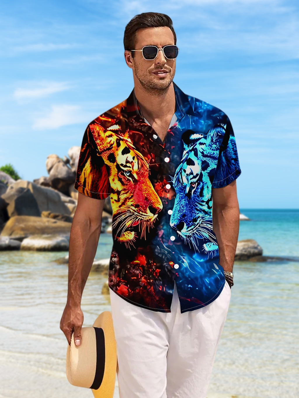 New Men's Casual Short-Sleeve Shirt: Ice and Fire Tiger Confrontation, Full of Aura and Tension, Versatile for Holiday Parties and Commuting, Polyester Fiber Fabric, Machine Washable, Button-Up Printed Shirt