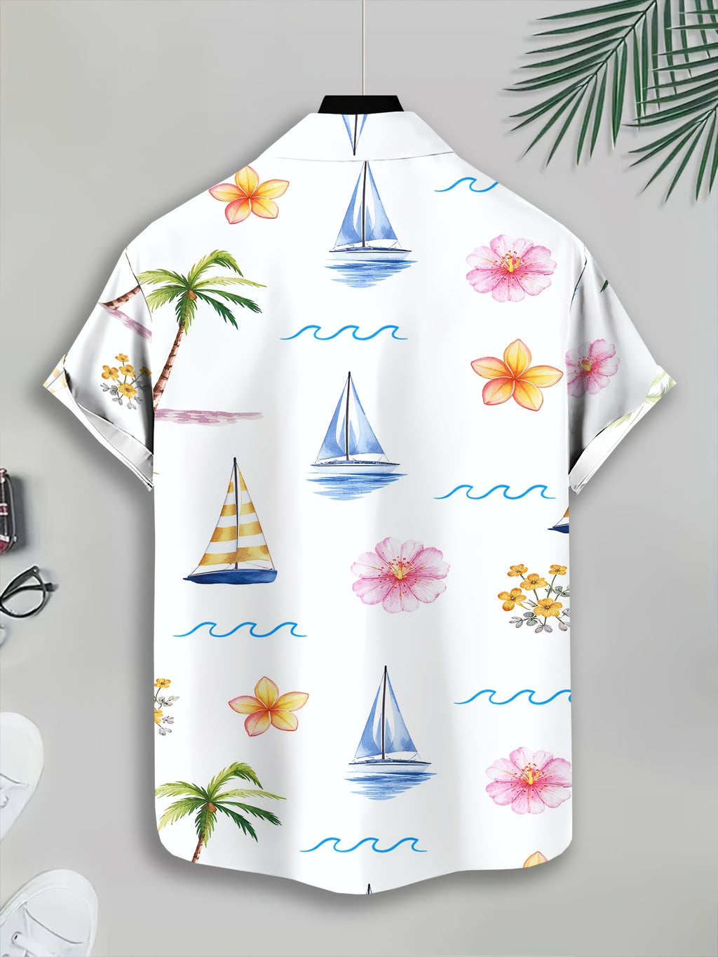 Summer Style Men's Casual Shirt Print Tropical Paradise with Palm Trees Sailboats And Flowers Summer Vibrant Island Vibes