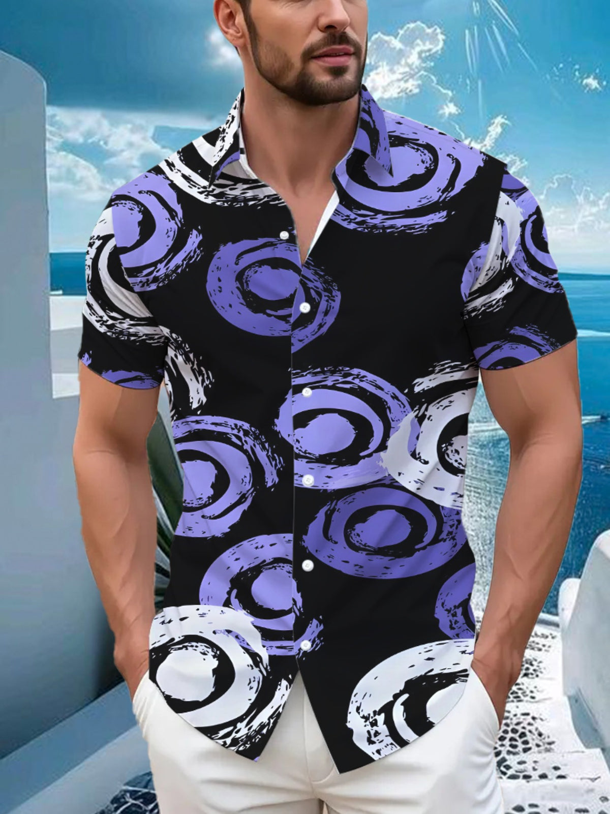 Hawaiian Tropical Men'S Casual Shirt Featuring Circular Patterns - Short-Sleeved with Button Design, Perfect for Summer Outdoor And Casual Wear, Suitable for Everyday Outfits