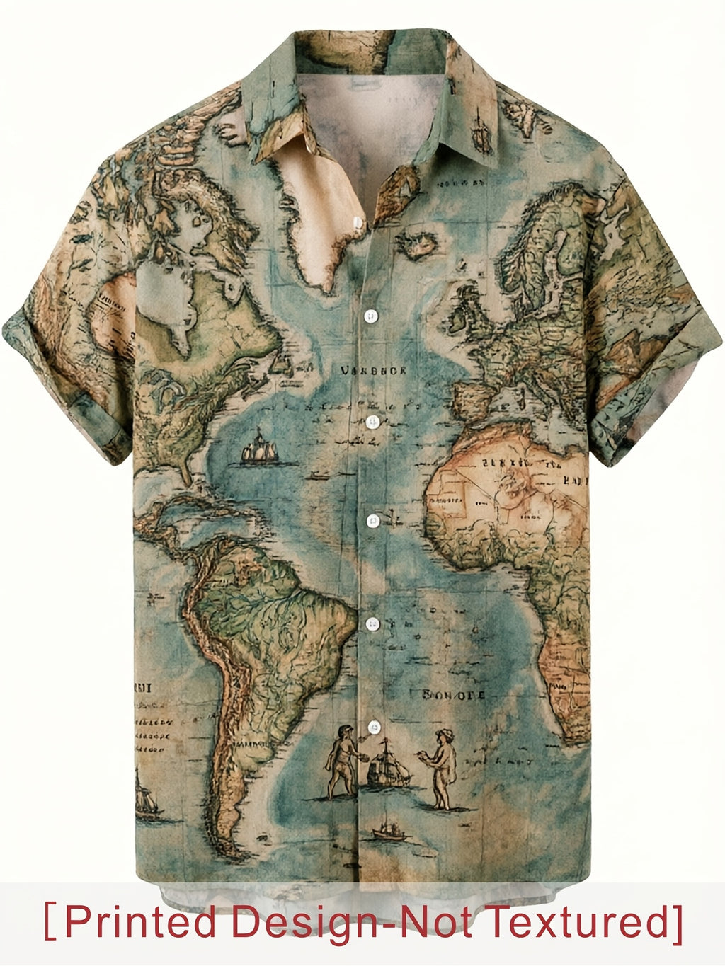 Men's Vintage World Map Travel Style Shirt, Military Green Base + Vintage World Map, Strong Travel Vibe, Simple Texture, Suitable for Travel Enthusiasts and Summer Daily Wear - [Printed Design - Not Texture]