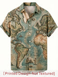 Men's Vintage World Map Travel Style Shirt, Military Green Base + Vintage World Map, Strong Travel Vibe, Simple Texture, Suitable for Travel Enthusiasts and Summer Daily Wear - [Printed Design - Not Texture]