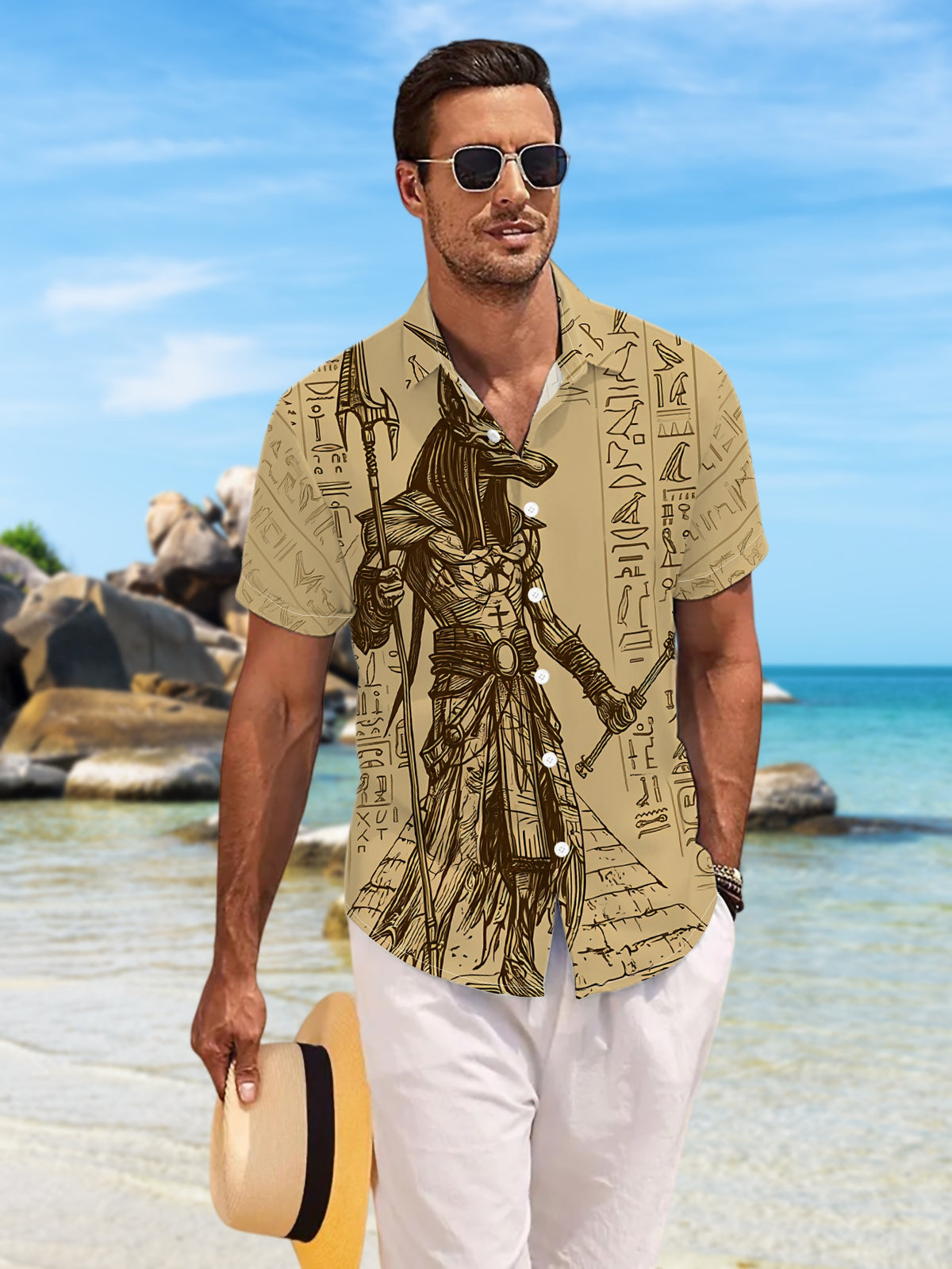 Men's Egyptian-Themed Short-Sleeve Shirt with Jackal Head & Hieroglyphic Print - Button- Collar, Loose Fit Button-Front Shirt Suitable for Holiday Parties, Commuting, Themed Events - Machine Washable Polyester Top