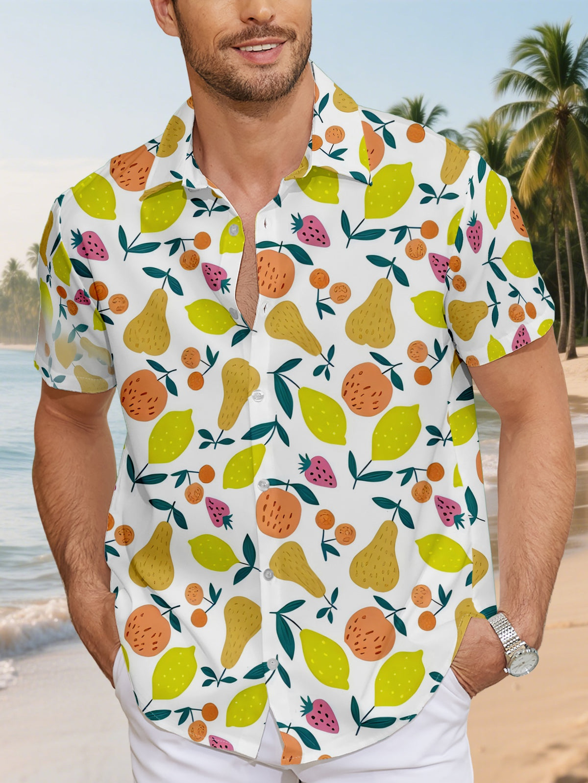 New Men's Summer Fruit Print Short-Sleeve Shirt, Casual Regular Fit Youth Trendy Botanical Pattern, Suitable for Summer Vacations, Daily Versatile Streetwear, Beach Party Outfit, Loose and Comfortable Beach Shirt, Hawaiian Shirt with Fashionable