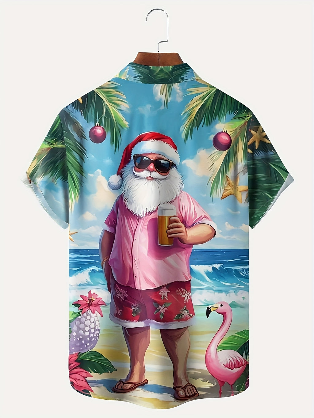 Men'S Retro Hawaiian Style Santa Claus Beach Print Short-Sleeve Shirt - Button- Collar Shirt with Pocket, Featuring a Design of Santa in Flip-Flops And Palm Trees, Machine Washable Summer Holiday Party Attire (Pink/Teal)