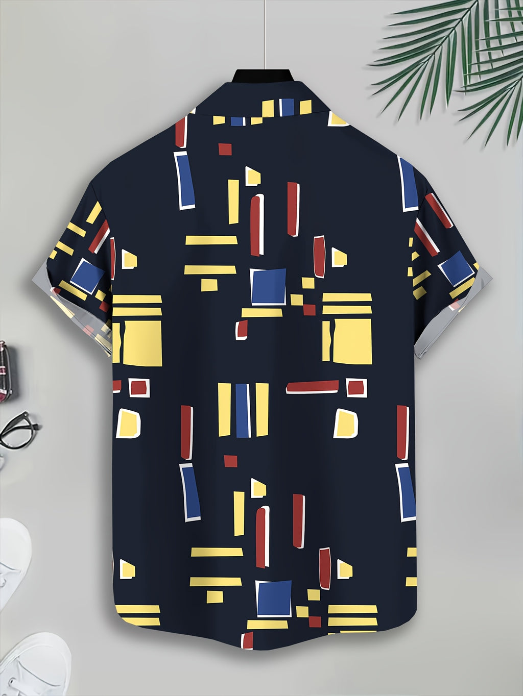 Men's Casual Shirt with Geometric Pattern, Abstract Shapes, and Vibrant Summer Colors