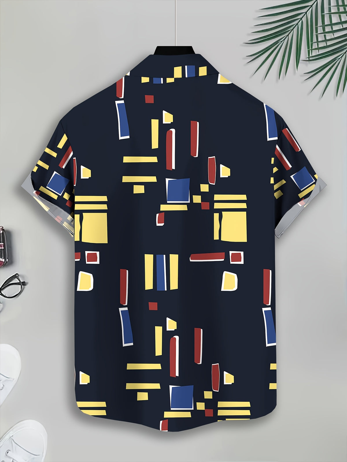 Men's Casual Shirt with Geometric Pattern, Abstract Shapes, and Vibrant Summer Colors