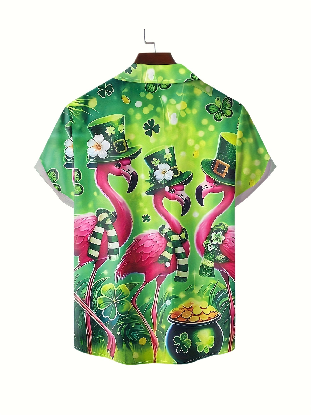 Men's Fashion Turn- Collar Short Sleeve Shirt, Green Top Hat Flamingo Pattern Print, Lively and Joyful, Fashionable and Casual, Suitable for Parties and Outdoor Wear