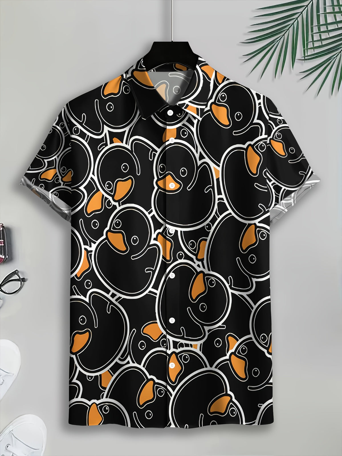 Men's Casual Shirt with Cartoon Duck Print, Summer Fun Pattern on Black Background with Orange Beak