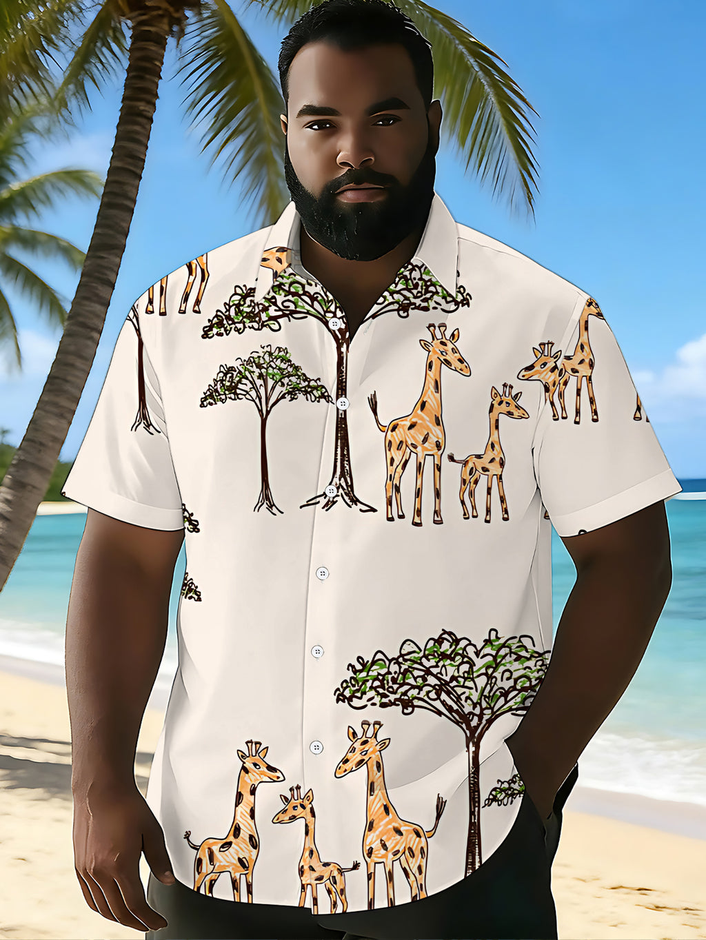 [Print Design - Not Texture] Short Sleeve Shirt Men'S Trendy Digital Print Short Sleeve Shirt Giraffe Tree Easy Pattern Fashionable And Atmospheric Clothing/Apparel/Summer/Street/Trendy/Men'S/Print
