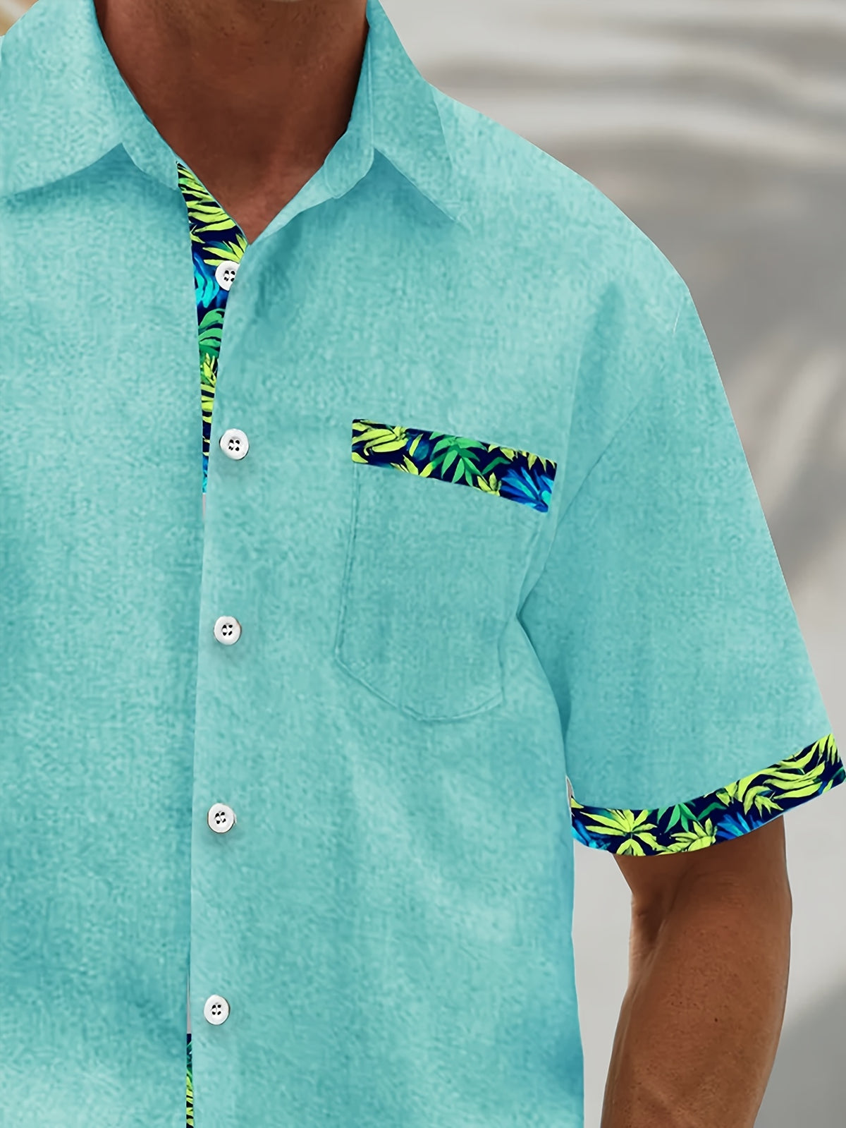 Hawaiian Floral Print Men's Button-Up Pocket Short-Sleeve Shirt, PLUS SIZE