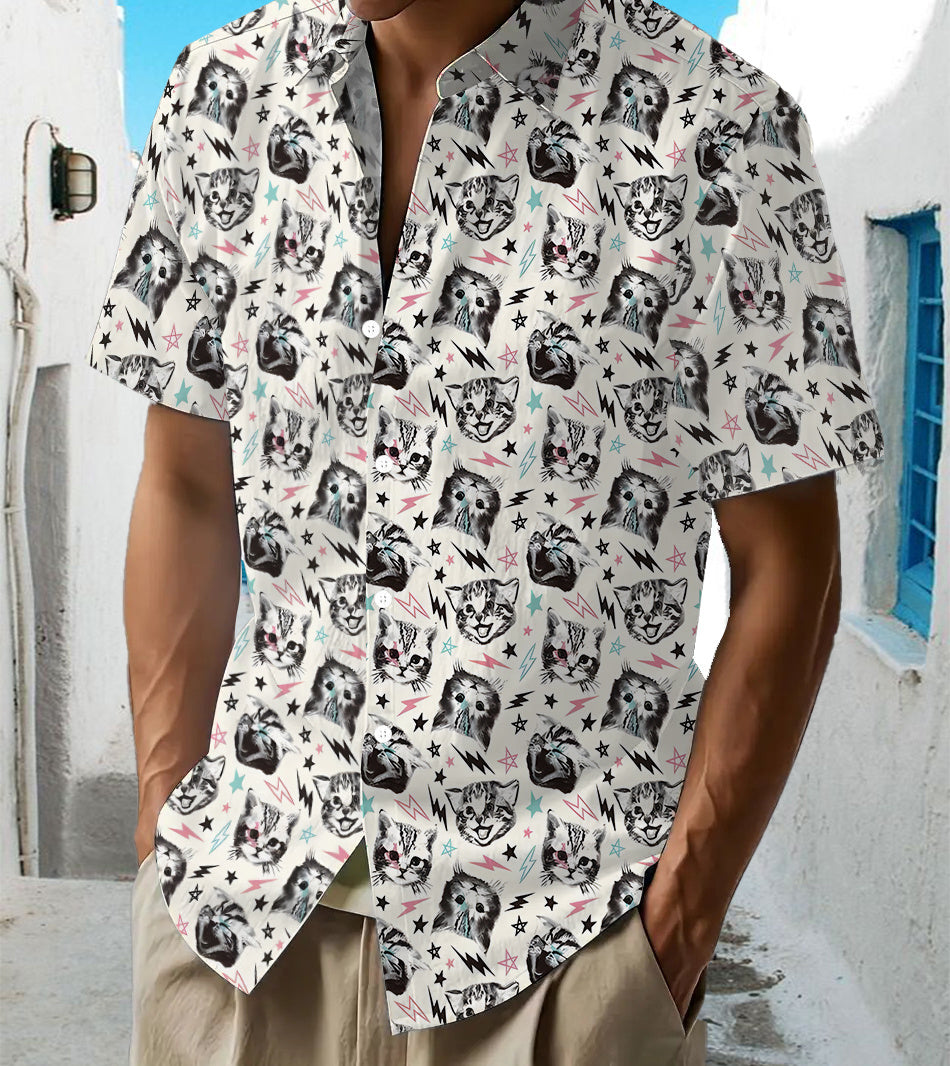 Hawaiian Anime Cat Print Men'S Casual Shirt - Short-Sleeve Button Design, Suitable for Outdoor And Casual Wear in Summer, Perfect for Everyday Outfits