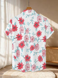 New Men'S Casual Short-Sleeve Shirt with Red And Pink Floral Patterns on a Light Blue Leaf Design Against a White Background, Perfect for Festive Gatherings, Commuting, And Casual Wear. Made from Machine-Washable Polyester Fabric