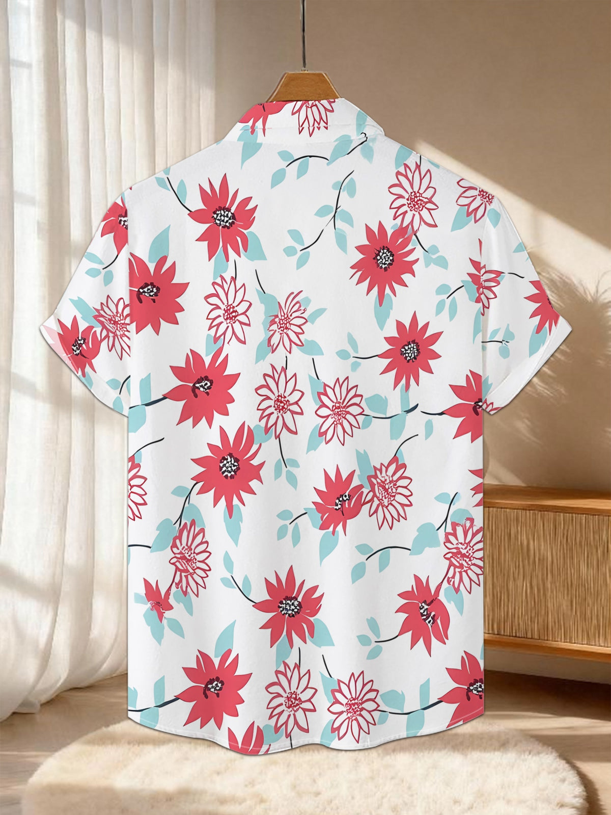 New Men'S Casual Short-Sleeve Shirt with Red And Pink Floral Patterns on a Light Blue Leaf Design Against a White Background, Perfect for Festive Gatherings, Commuting, And Casual Wear. Made from Machine-Washable Polyester Fabric