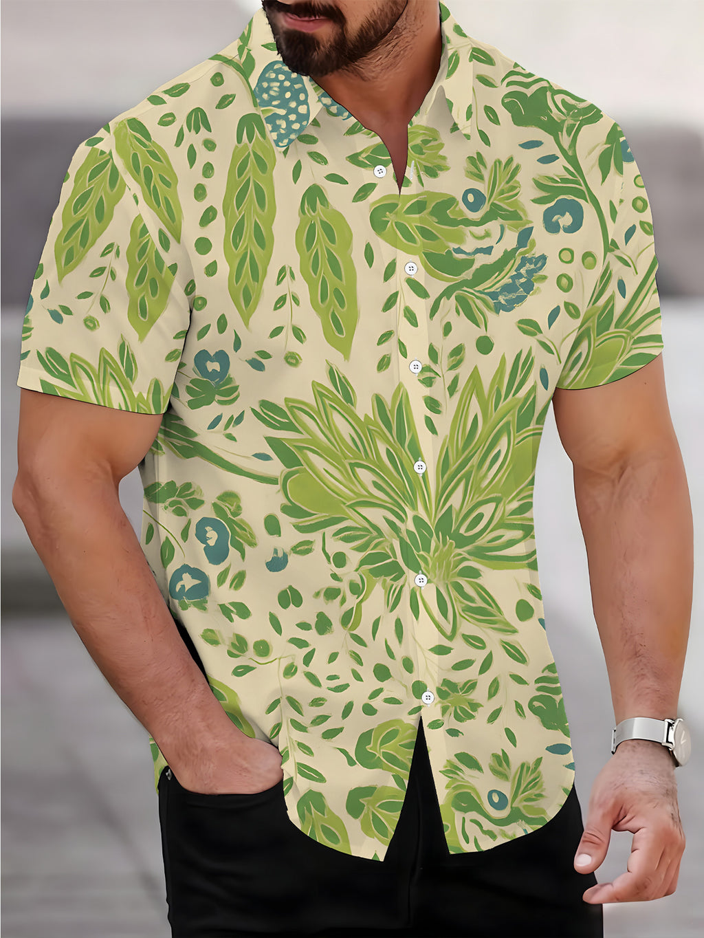 Men'S Short Sleeve Shirt, Fresh Style Men'S Print Shirt Short Sleeve Plant Pattern, Cool Men'S Shirt Men'S Casual Short Sleeve Shirt Summer