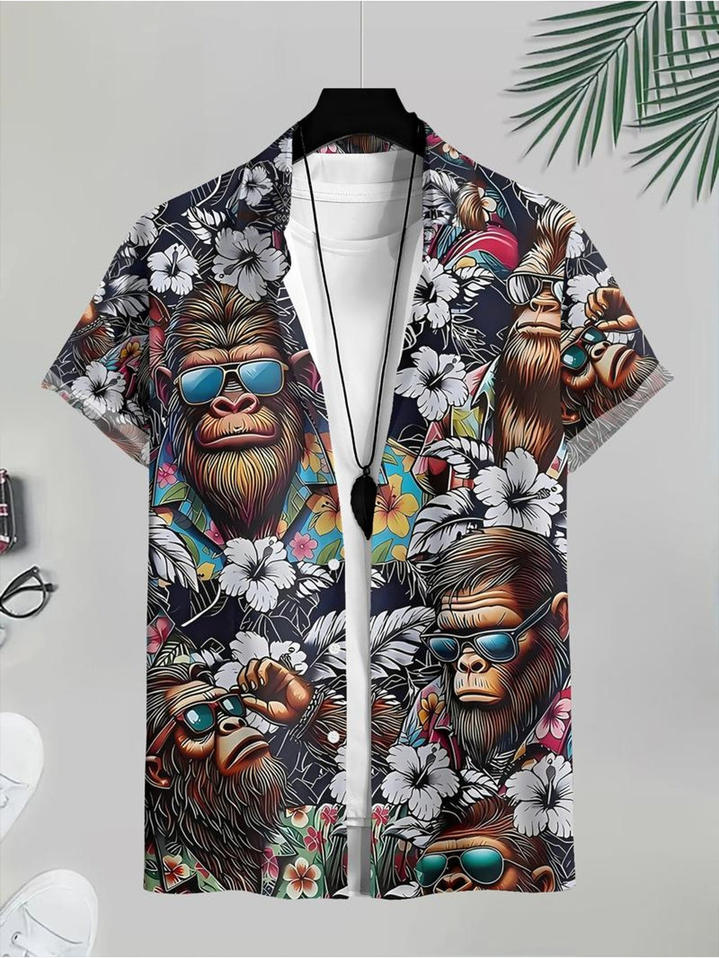 Hawaiian Style Men's Casual Shirt Monkey with Fashion Glasses And Flowers Beach Summer Wear
