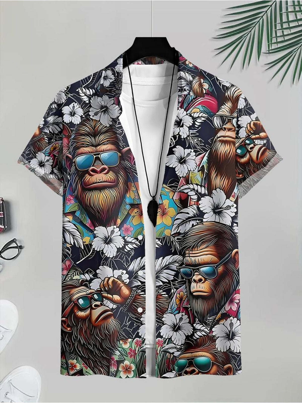 Hawaiian Style Men's Casual Shirt Monkey with Fashion Glasses And Flowers Beach Summer Wear