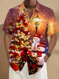 Christmas Snowman and Christmas Tree Print Men's Button Pocket Short Sleeve Shirt, Christmas Shirt, Plus Size, Seasonal Fashion, Holiday Party Shirt, Classic Button Top, Retro Holiday Design, Machine Washable Shirt, Holiday Shopper