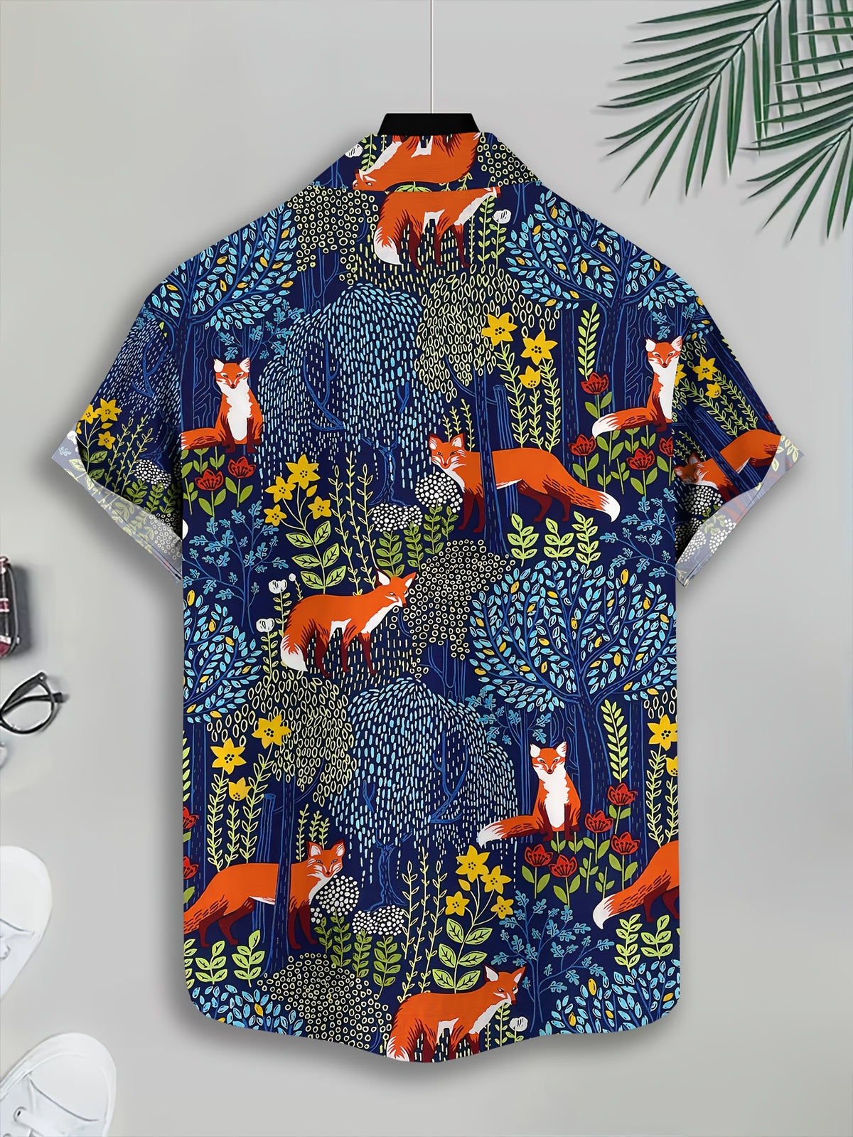 Men's Casual Shirt Print Navy Blue Fox And Flowers Pattern Summer Vibrant Wildlife Design