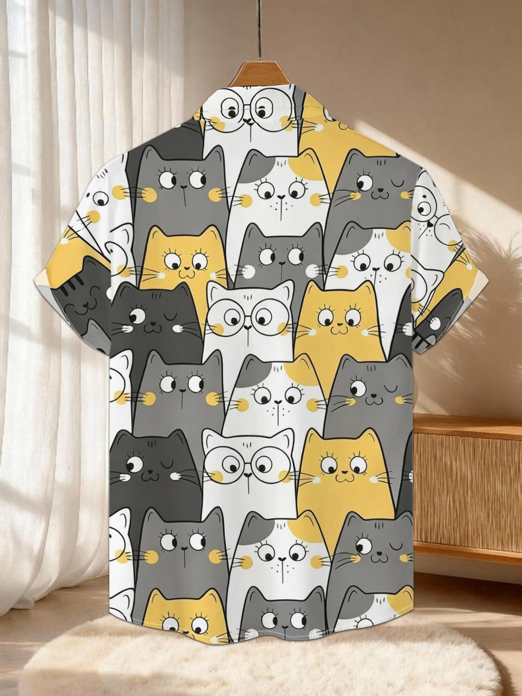 New Men'S Casual Short Sleeve Shirt, Gray Black White Yellow Multi-Color Dense Cat Patterns with Different Expressions, Holiday Party Commute Versatile, Polyester Fabric Machine Washable, Button-Up Print Shirt