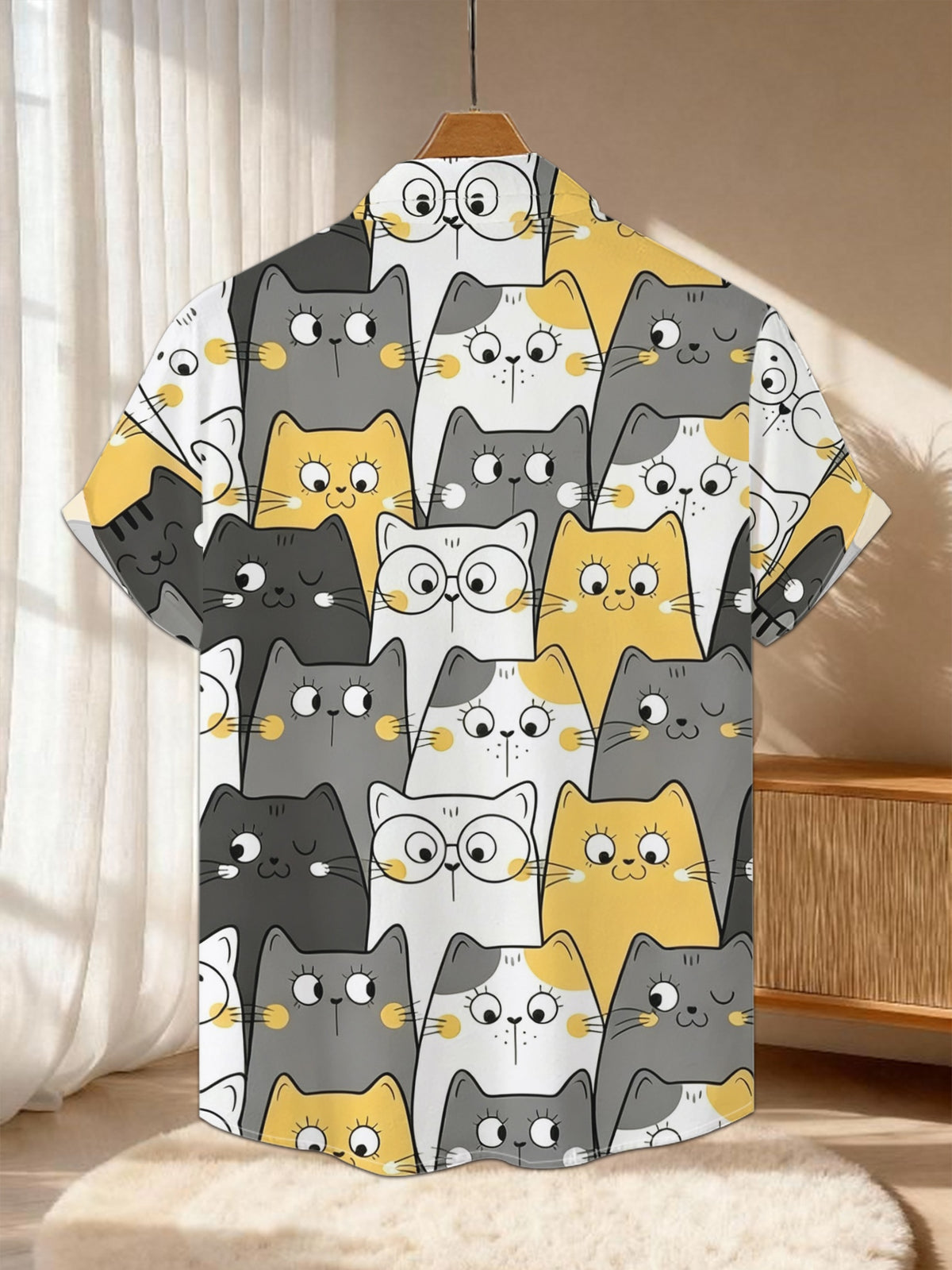 New Men'S Casual Short Sleeve Shirt, Gray Black White Yellow Multi-Color Dense Cat Patterns with Different Expressions, Holiday Party Commute Versatile, Polyester Fabric Machine Washable, Button-Up Print Shirt